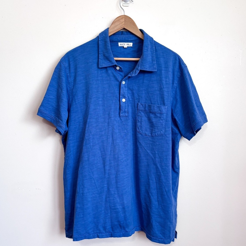 Alex Mill Mens Slub Cotton Polo Shirt XL Blue Short Sleeve Pocket Standard